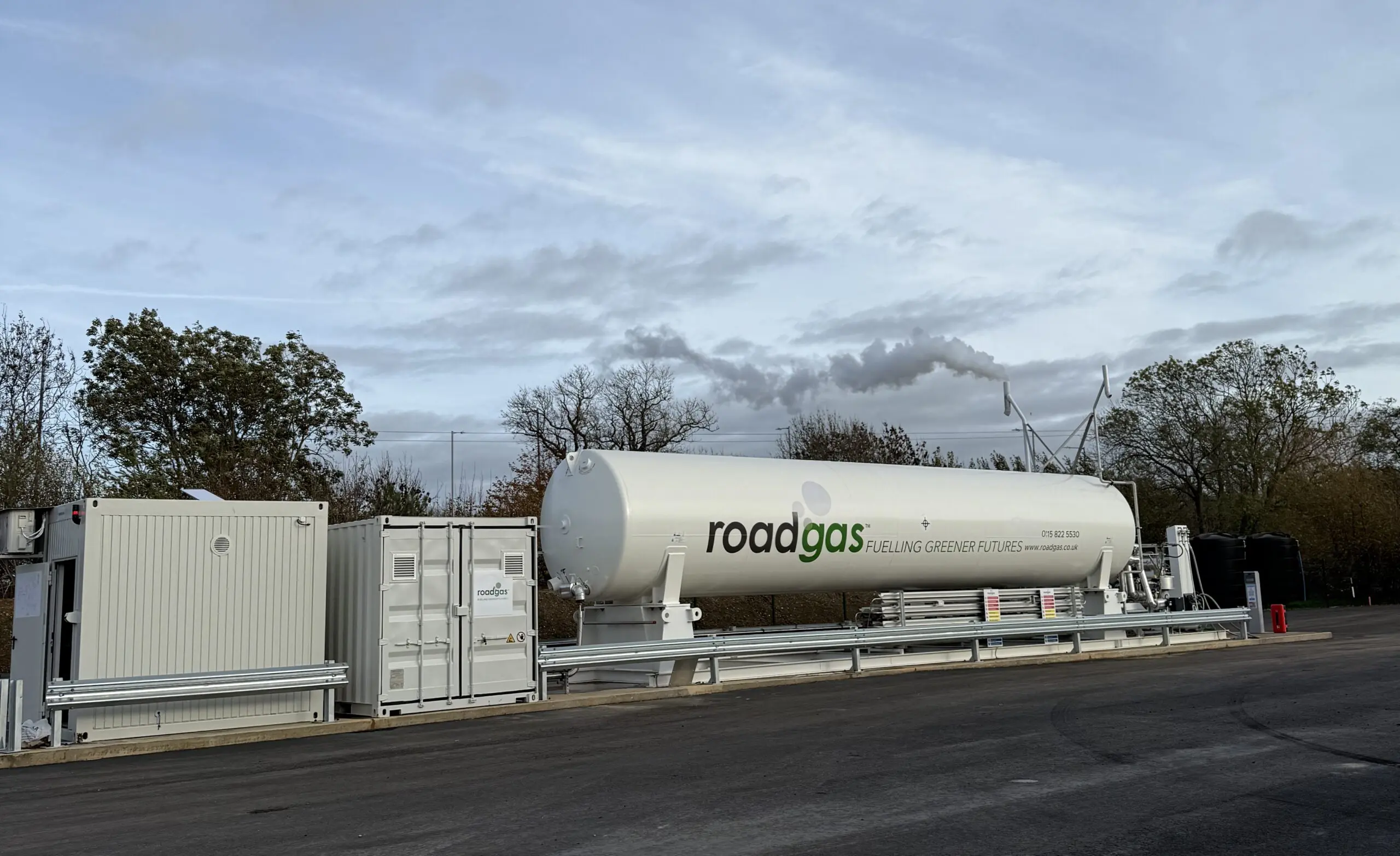 A Roadgas refuelling station featuring a Bio-LNG storage tank and infrastructure for lower-carbon transport solutions.