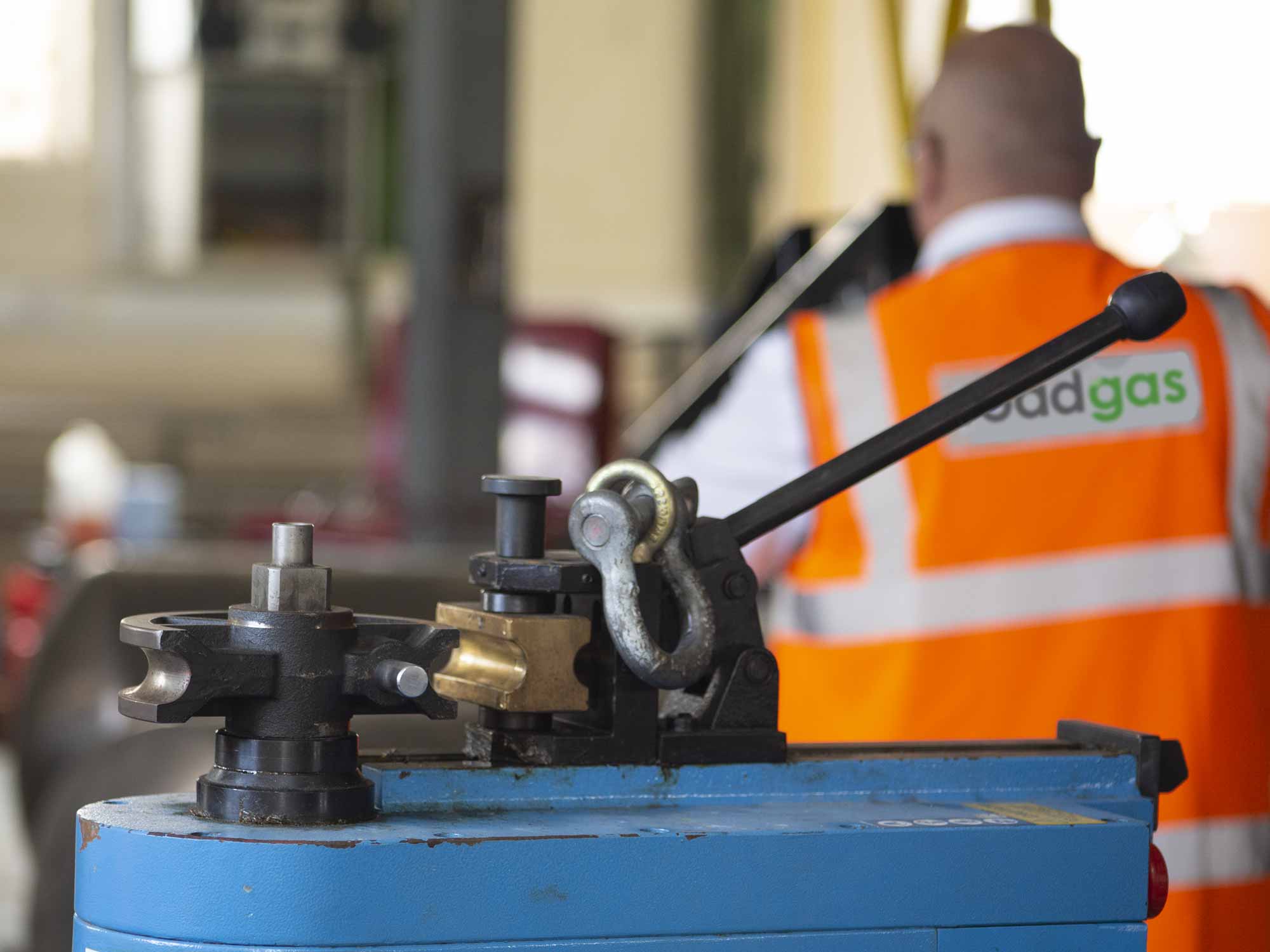 Close-up of gas refuelling equipment used in renewable gas infrastructure for HGV fleets at a Roadgas facility.