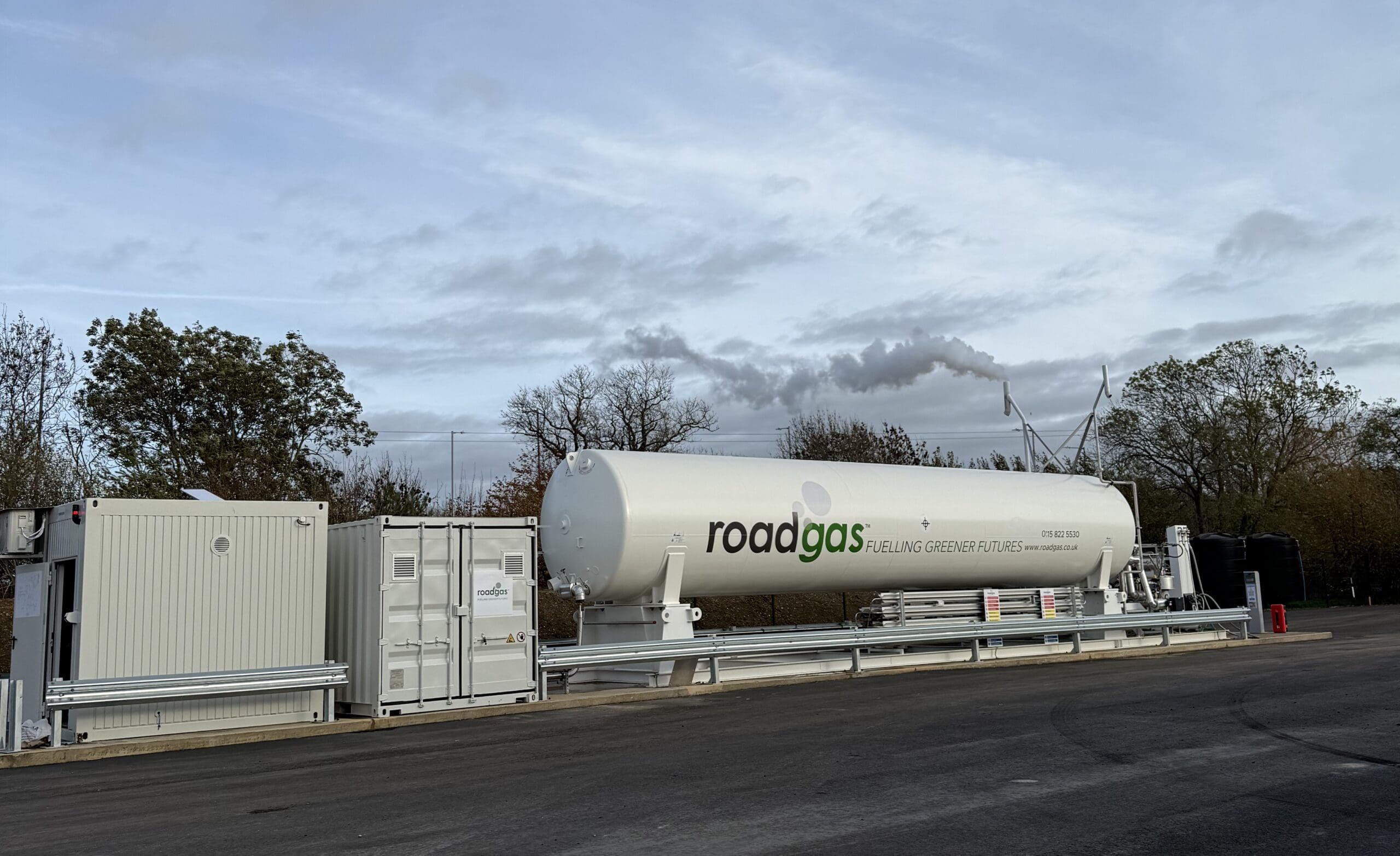A Roadgas refuelling station featuring a Bio-LNG storage tank and infrastructure for lower-carbon transport solutions.