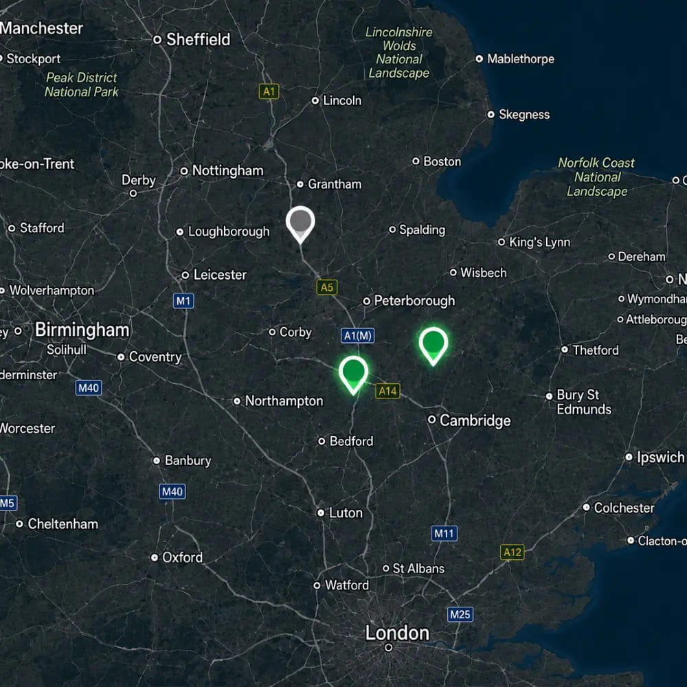 Detailed map showing locations of Roadgas refuelling stations for Bio-LNG and Bio-CNG in the UK, highlighting key areas for fleet operators.